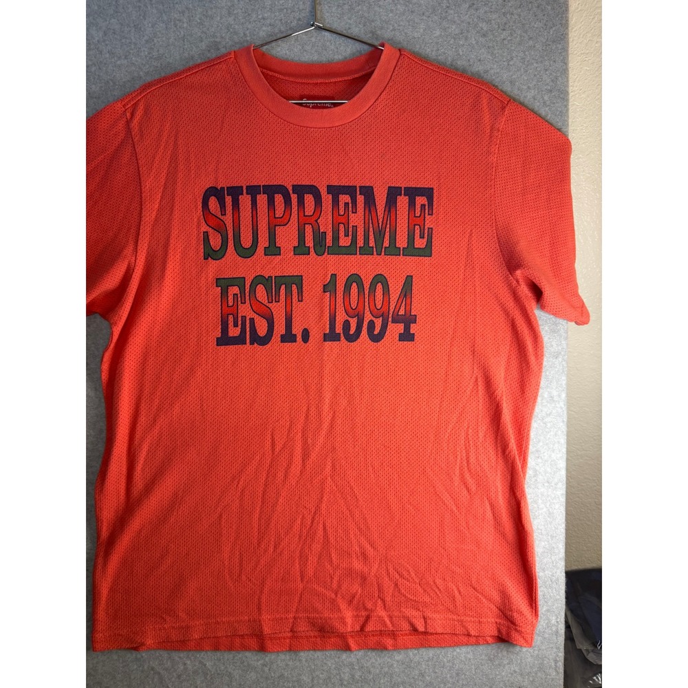 Supreme EST. 1994 Mesh Short Sleeve Shirt Orange Mens Medium Graphic Tee